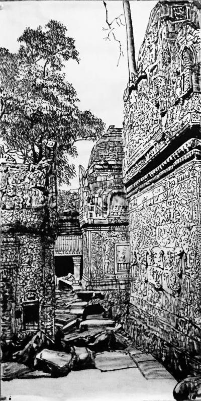 马培童日记-我画吴哥石窟，主要运用了 我们徐州汉画像石刻的刀法，凿，錾，以笔代刀，以纸为石，【图1】