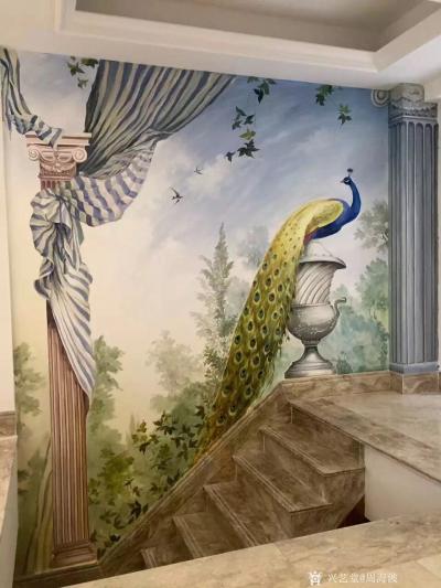 周海波日记-《优雅的孔雀》.   欧式风格壁画进行中.把灰调子做到很统一！作为居家壁画.这样【图5】