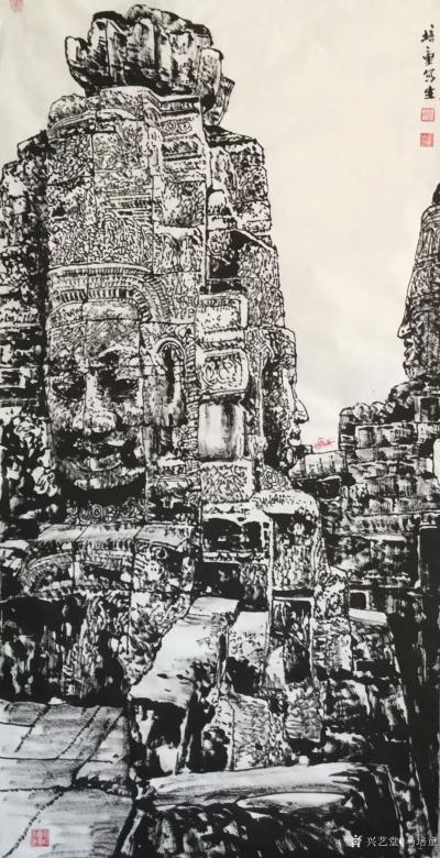 马培童日记-三，创作高棉的微笑，用焦墨画石窟佛像，喜，怒，哀，乐，是以点，线，面，主体构成的【图1】