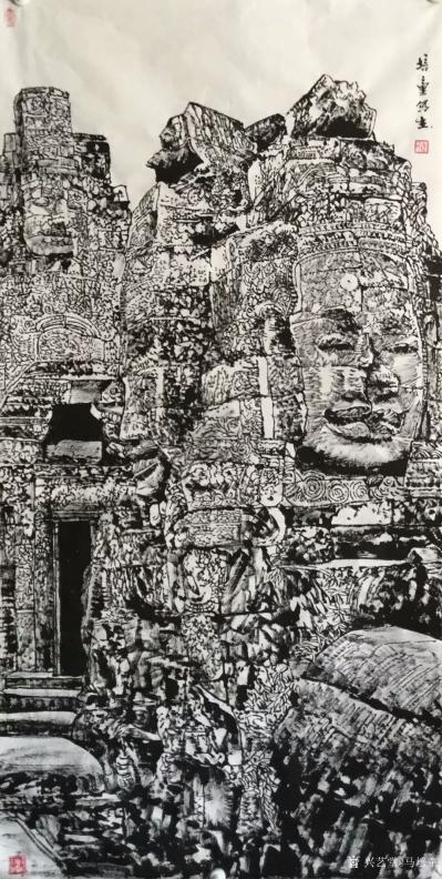 马培童日记-三，创作高棉的微笑，用焦墨画石窟佛像，喜，怒，哀，乐，是以点，线，面，主体构成的【图2】
