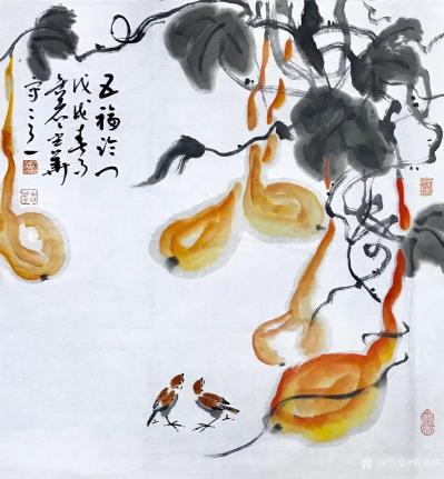 曹金华日记-曹金华国画作品，《五福临门》，48×46cm【图1】