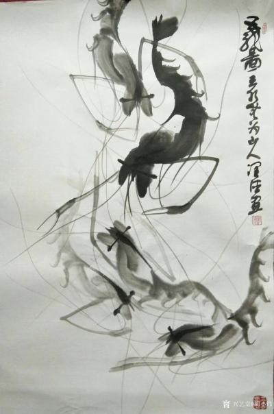 胡小炜（润德）日记-国画《墨虾》，46×69cm
胡小炜国画作品【图1】