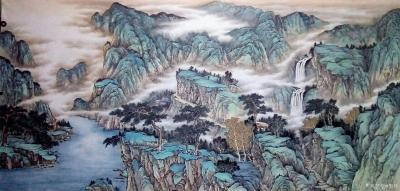 墨丹日记-八尺横幅青绿山水，墨丹国画作品【图1】