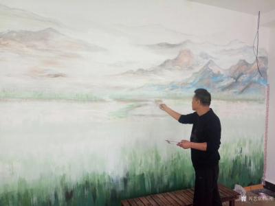 陈刚收藏-受人之托在会馆墙体第一次使用水溶漆绘画，大型墙体山水画施工中，感觉跟纸上就是不一【图1】