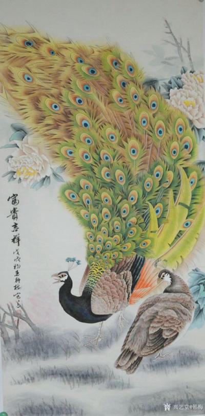 韩梅日记-工笔花鸟画孔雀系列作品《富贵吉祥》，四尺整张，今年新作，喜欢的可订制。
韩梅作【图1】