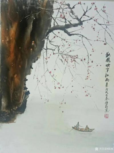 陈刚日记-国画《秋风吹下红雨来》
5月3日是我的生日，取傅抱石画意，嵌入我们一家三口人的【图1】