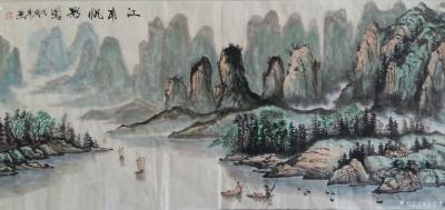 许贵才日记-国画山水画《江南帆影图》，尺寸69*140cm，
刚刚画的作品，此画是给石窝镇【图1】