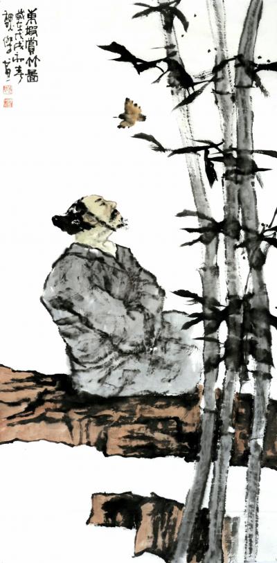 魏杰日记-国画人物画《东坡赏竹图》，《雨打芭蕉》，《清晨的霞光》，《茶香图》，《塞北梅花羌【图1】