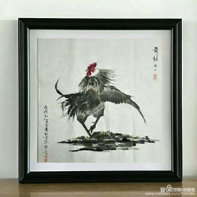 刘协文日记-创作的国画风格战斗鸡《舞动奇迹》装裱效果图，发与大家欣赏。【图1】