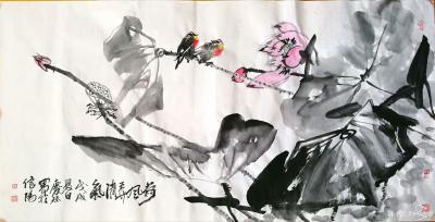 甘庆琼日记-私人订制的国画花鸟画《荷风弄清气》68x136cm【图1】