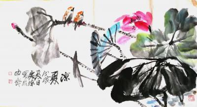 甘庆琼日记-再来两幅《凉夏》，国画花鸟画，尺寸68x136cm【图1】
