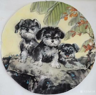 于波日记-国画《三只流浪狗儿》，尺寸50*50cm
保护生态，爱护动植物。
爱护一切生【图1】