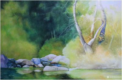 冯保民日记-水彩画新作，《宁静的湖畔》，四幅近似风格，表现宁静的大自然风光，瑰丽的色彩，尺寸【图3】