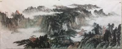 刘传军日记-国画山水画新作《云山雾海》第一遍设色。装裱后高1.20米长3.10米。第一幅整体【图1】