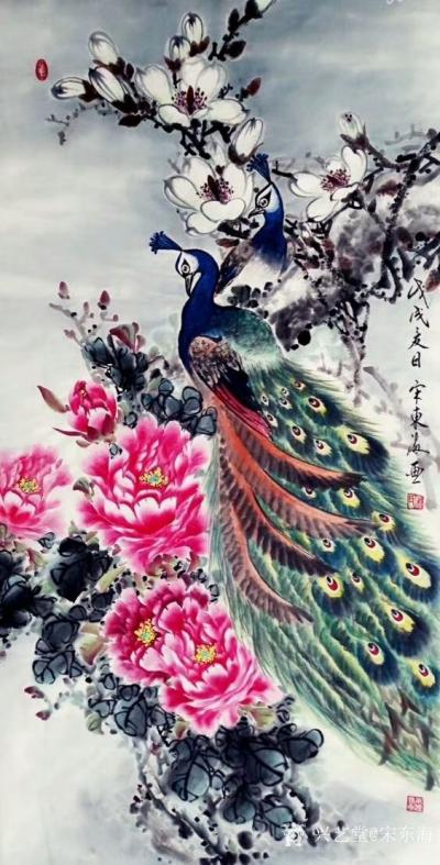 宋东海日记-《紫气东来》《花开富贵》，国画花鸟画牡丹系列，竖幅四尺68x138cm，喜欢的欢【图3】