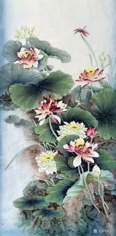 王丁日记-工笔花鸟画《荷花》两幅，尺寸68x138cm，【图1】