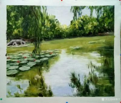 凌振宁日记-洪湖公园写生作品——《睡莲》，油画风景画，尺寸50*50cm【图2】
