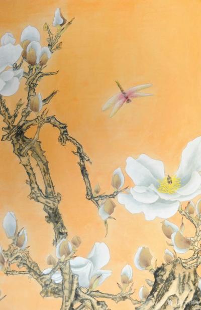 韩梅日记-《白梅》，《黄角兰》，复古工笔花鸟画，尺寸115X52厘米，可按要求题字。【图1】