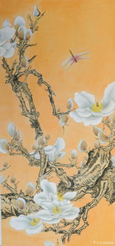 韩梅日记-《白梅》，《黄角兰》，复古工笔花鸟画，尺寸115X52厘米，可按要求题字。【图2】