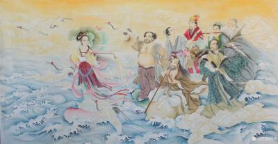 韩梅日记-新作工笔人物画《八仙过海》，尺寸98x180cm，请欣赏，手工绘制，欢迎订制【图1】