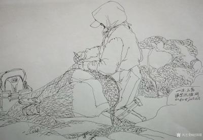 赵国毅日记-创作速写作品《织渔网的妇女》2幅，《威海渔工》3幅，山东威海渔区石岛渔场写生。请【图1】