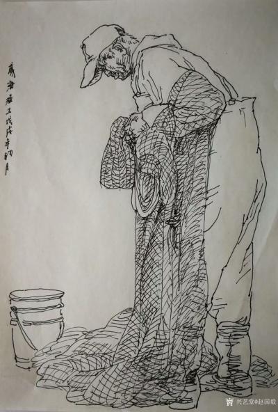 赵国毅日记-创作速写作品《织渔网的妇女》2幅，《威海渔工》3幅，山东威海渔区石岛渔场写生。请【图4】