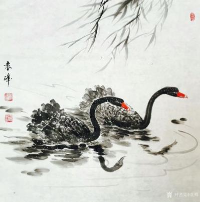 袁峰日记-国画花鸟画《黑天鹅》三幅，尺寸68x68cm，祝福成双成对，美好生活。【图3】