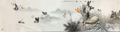 魏建军日记-国画花鸟画《山里人家》，尺寸45×180cm，才完成的两幅作品，蝴蝶翩翩飞。【图1】