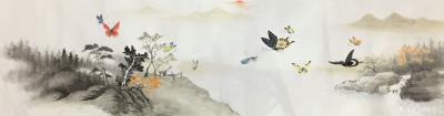 魏建军日记-国画花鸟画《山里人家》，尺寸45×180cm，才完成的两幅作品，蝴蝶翩翩飞。【图2】