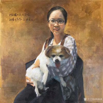 周海波收藏-布面油画肖像画《少女与狗狗》，画廊肖像订制作品，刚刚绘制完成，分享给众好友品鉴。【图1】