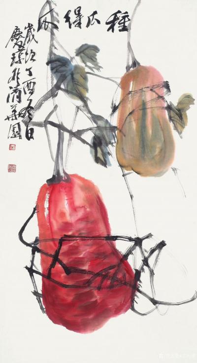 甘庆琼日记-国画花鸟画《种瓜得瓜》，这是丁酉年创作的作品，尺寸55x100cm，请大家欣赏。【图1】
