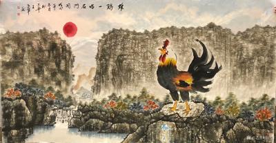 王世军日记-国画公鸡系列作品《雄鸡一唱石门开》，尺寸四尺横幅68x138cm，这是2018年【图1】