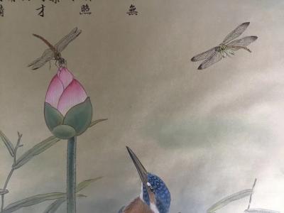 汪林日记-新作品国画工笔花鸟画《荷花翠鸟蜻蜓》创作完成，尺寸160x48cm，题款录诗词：【图2】