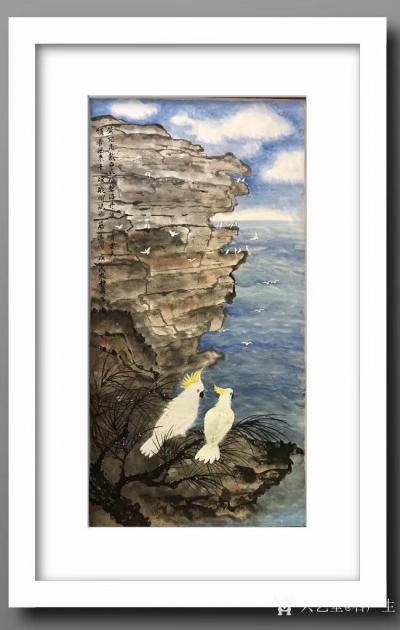 石广生日记-悉尼Watson Bay 写景，画断崖险处玄凤鹦鹉并赋诗补记：
黄冠高戴白衣仙【图1】