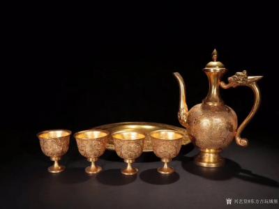东方古玩城堡收藏:收藏品：唐代风格铜鎏金酒具一套，回流文玩。尺寸 