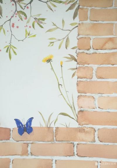 王征明日记-水意画作品«窗棂蝶愿»，窗外春意盎然，蓝蝶趴在窗口，望着树上的地上的各种美丽的鲜【图1】