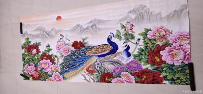 胡记领日记-国画牡丹作品牡丹孔雀，牡丹金鱼，尺寸小八尺98X240CM，欢迎订制。【图2】