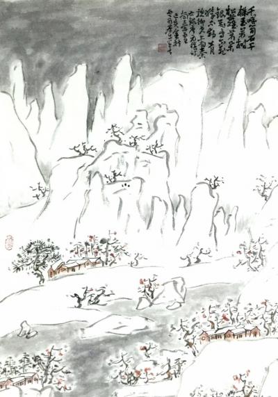 龚光万日记-国画山水画冬景雪景瑞雪兆丰年，
取诗意“飘飘千里雪，悠忽度龙沙。从云合且散，因【图1】