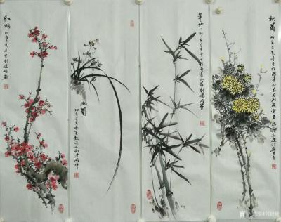 刘建岭日记-刚刚完成的国画花鸟画《梅兰竹菊》四条屏，请欣赏。
  《红梅》《幽兰》《翠竹》【图1】