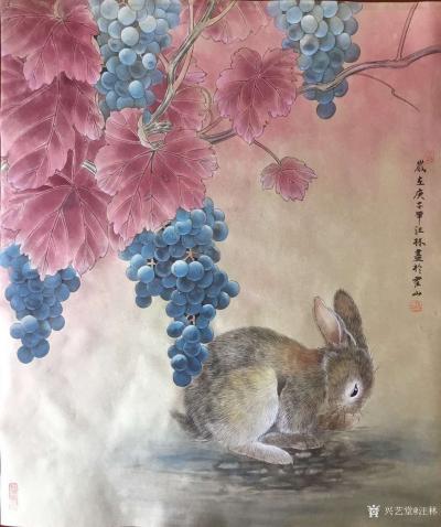 汪林日记-国画工笔花鸟画《葡萄下的兔子》尺寸58x48cm，新创作完成，分享整图及作品局部【图1】