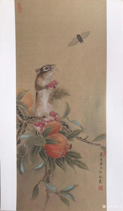 汪林日记-国画工笔画老鼠《多子多福图》尺寸65X38CM，老鼠多子，石榴也多子，多子多福，【图1】
