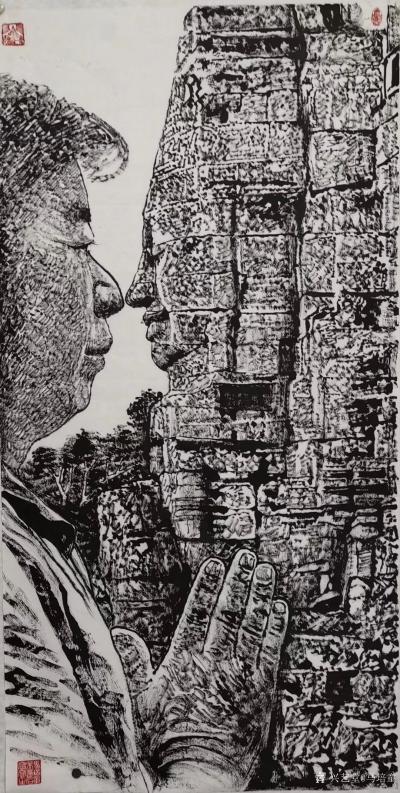 马培童日记-《与佛陀对话》焦墨画柬埔寨吴哥窟；
 创新焦墨刻石皴法，创作吴哥高棉的微笑，使【图4】