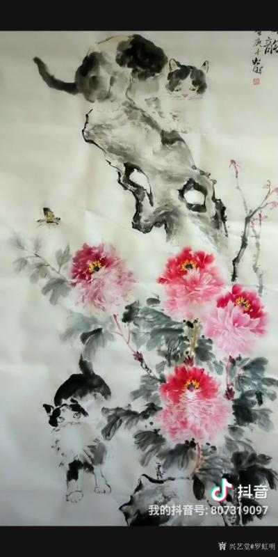 罗虹明日记-国画花鸟画牡丹《富贵吉祥》尺寸四尺整张。猫和蝴蝶在中国画寓意是是耄耋吉祥。【图1】