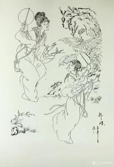 罗树辉日记-若干年前的仕女图稿《扑蝶》《鸟语》，找出来，好像也勉强可看。【图2】