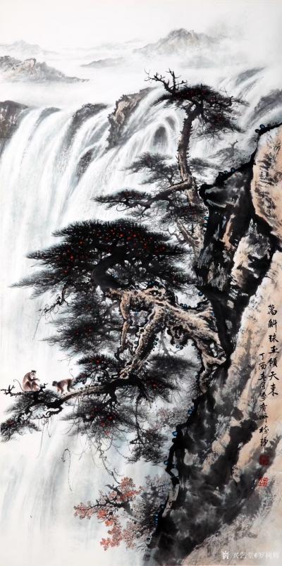 罗树辉日记-国画山水松树《万斛珠玉倾天来》，作品尺寸四尺竖幅，丁酉年春罗树辉创作于广州。【图1】