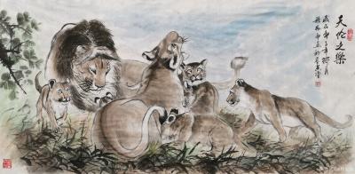 穆振庚日记-国画动物狮虎豹系列作品《威武三君》《天伦之乐》，作品尺寸四尺横幅68X138CM【图2】