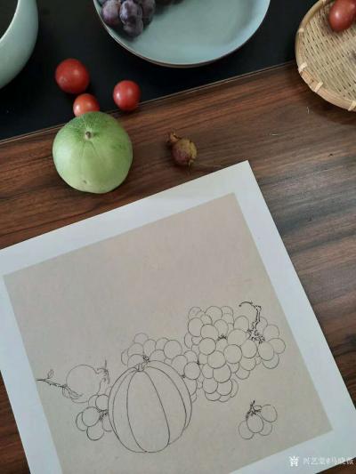 马晓薇日记-为学员示范水果国画白描写生画法；西瓜写生、葡萄写生；【图3】