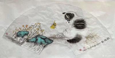 柳士才日记-国画动物画猫咪系列作品《野趣图》《耄耋图》我常常画只猫咪在鲜花丛中望着画外！其寓【图3】