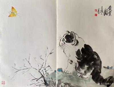 柳士才日记-国画动物画猫咪系列作品《野趣图》《耄耋图》我常常画只猫咪在鲜花丛中望着画外！其寓【图4】