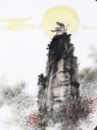 罗树辉日记-绢材团扇国画山水画作品《听月》；南天一柱，蒼松环绕。朗月清风，景物超然。神猴高坐【图2】